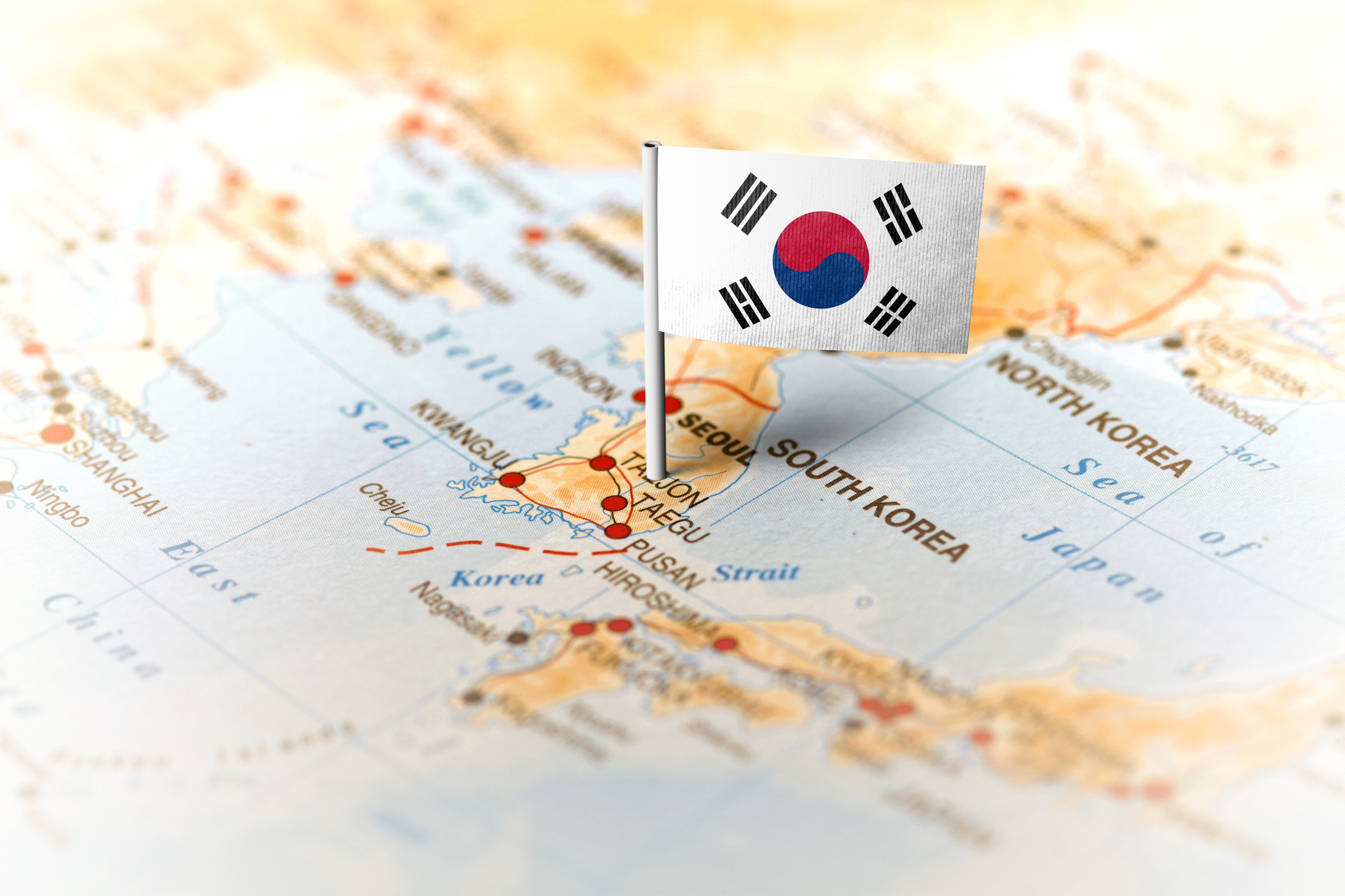 South Korea pinned on the map with flag