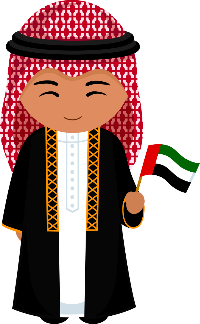 Man in costume of UAE with national flag.